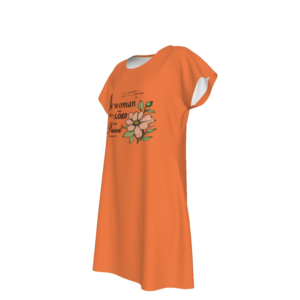 T-Shirt Bible Verse Floral Scripture Proverbs 31:30 Design - Oversized Short Sleeve T-shirt Dress For Women - Orange