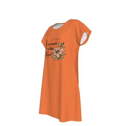 T-Shirt Bible Verse Floral Scripture Proverbs 31:30 Design - Oversized Short Sleeve T-shirt Dress For Women - Orange - Printspirationz