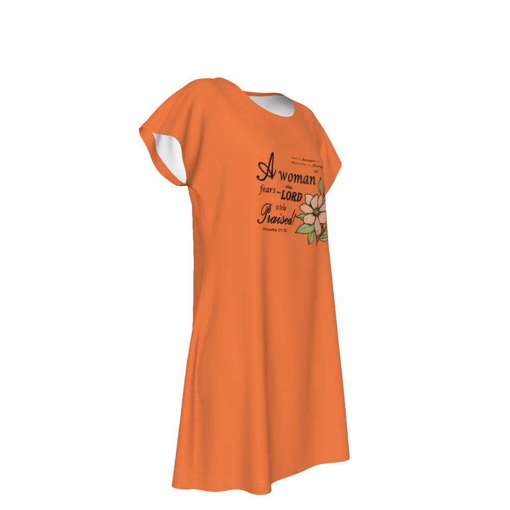 T-Shirt Bible Verse Floral Scripture Proverbs 31:30 Design - Oversized Short Sleeve T-shirt Dress For Women - Orange