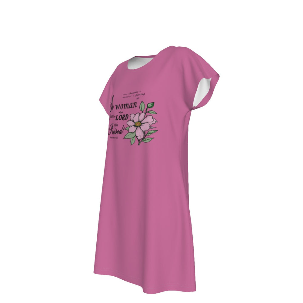 T-Shirt Bible Verse Floral Scripture Proverbs 31:30 Design - Oversized Short Sleeve T-shirt Dress For Women - Pink
