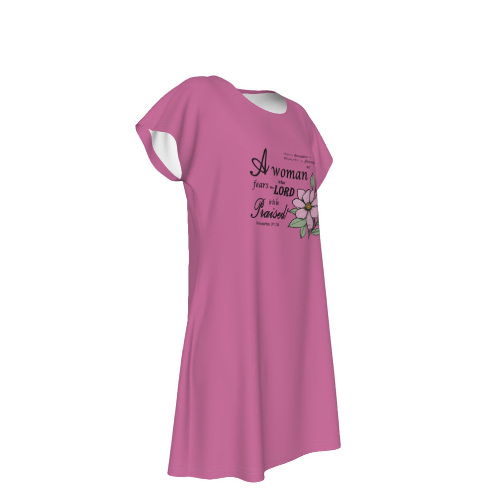 T-Shirt Bible Verse Floral Scripture Proverbs 31:30 Design - Oversized Short Sleeve T-shirt Dress For Women - Pink