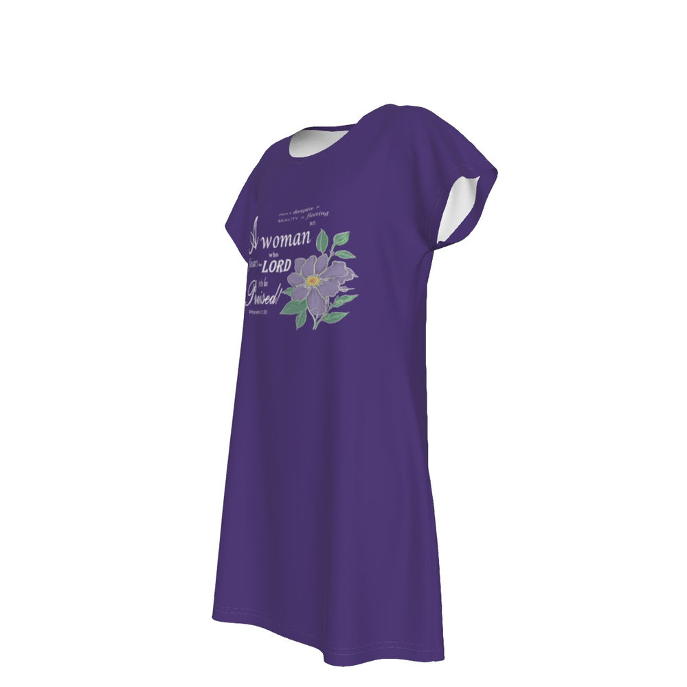 T-Shirt Bible Verse Floral Scripture Proverbs 31:30 Design - Oversized Short Sleeve T-shirt Dress For Women - Purple