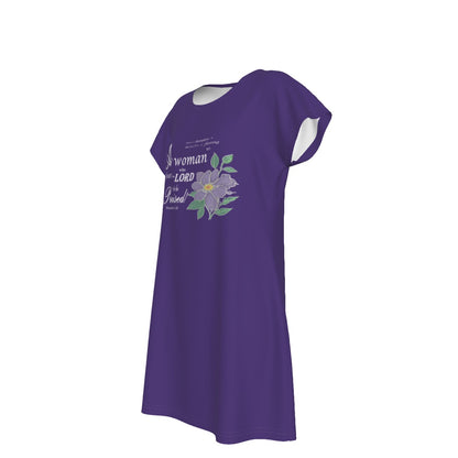 T-Shirt Bible Verse Floral Scripture Proverbs 31:30 Design - Oversized Short Sleeve T-shirt Dress For Women - Purple - Printspirationz