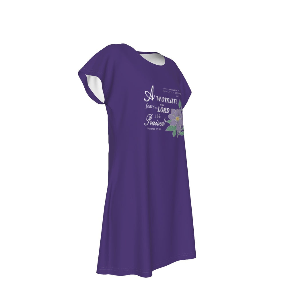 T-Shirt Bible Verse Floral Scripture Proverbs 31:30 Design - Oversized Short Sleeve T-shirt Dress For Women - Purple