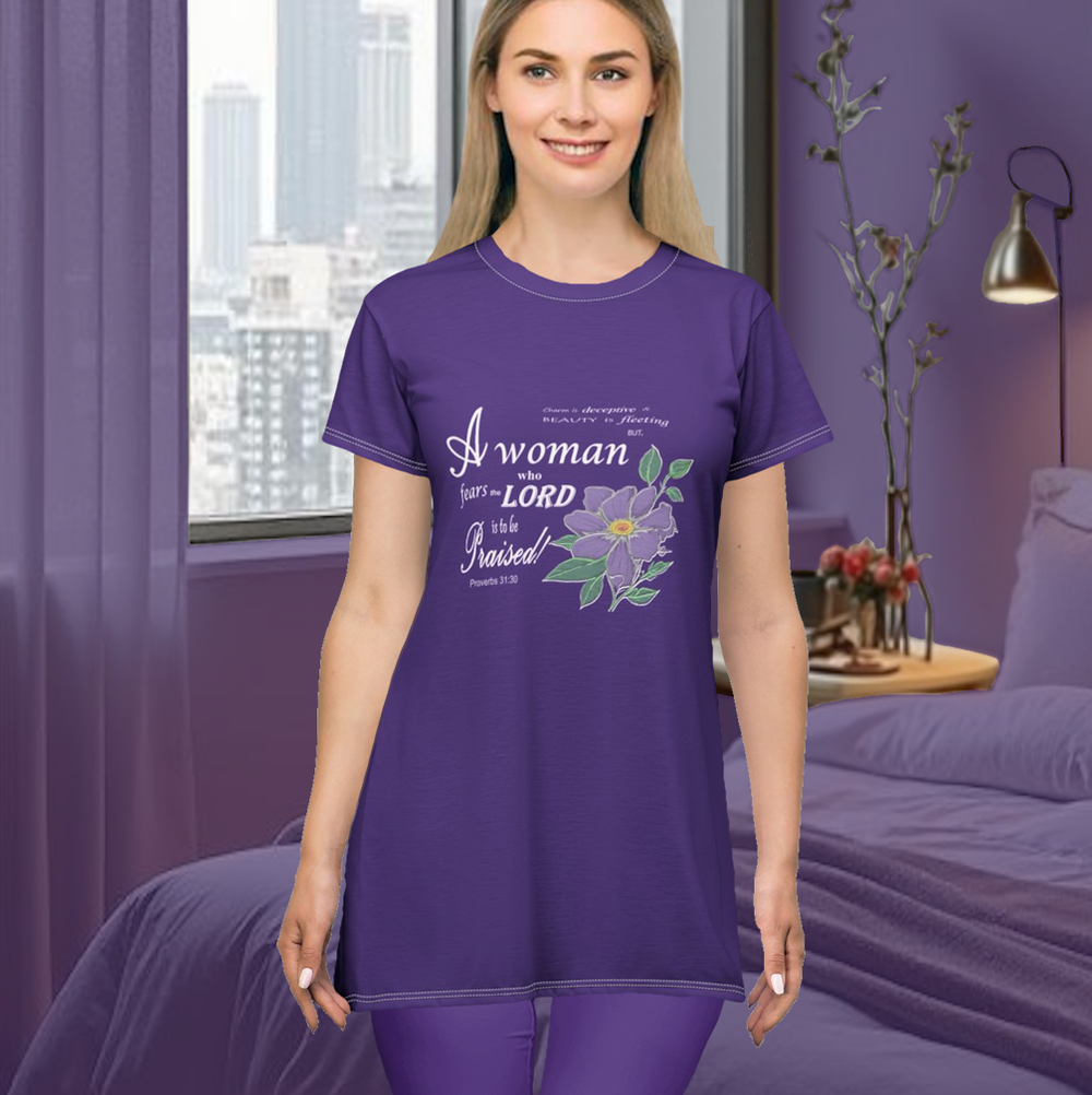 T-Shirt Bible Verse Floral Scripture Proverbs 31:30 Design - Oversized Short Sleeve T-shirt Dress For Women - Purple