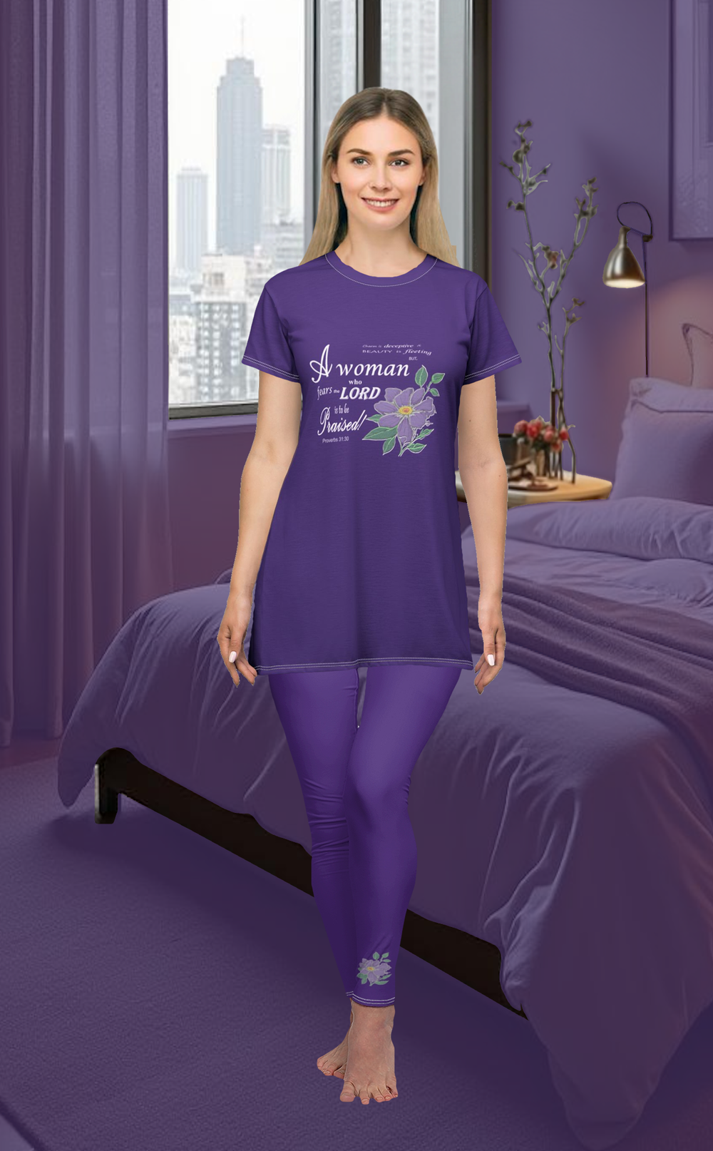 T-Shirt Bible Verse Floral Scripture Proverbs 31:30 Design - Oversized Short Sleeve T-shirt Dress For Women - Purple