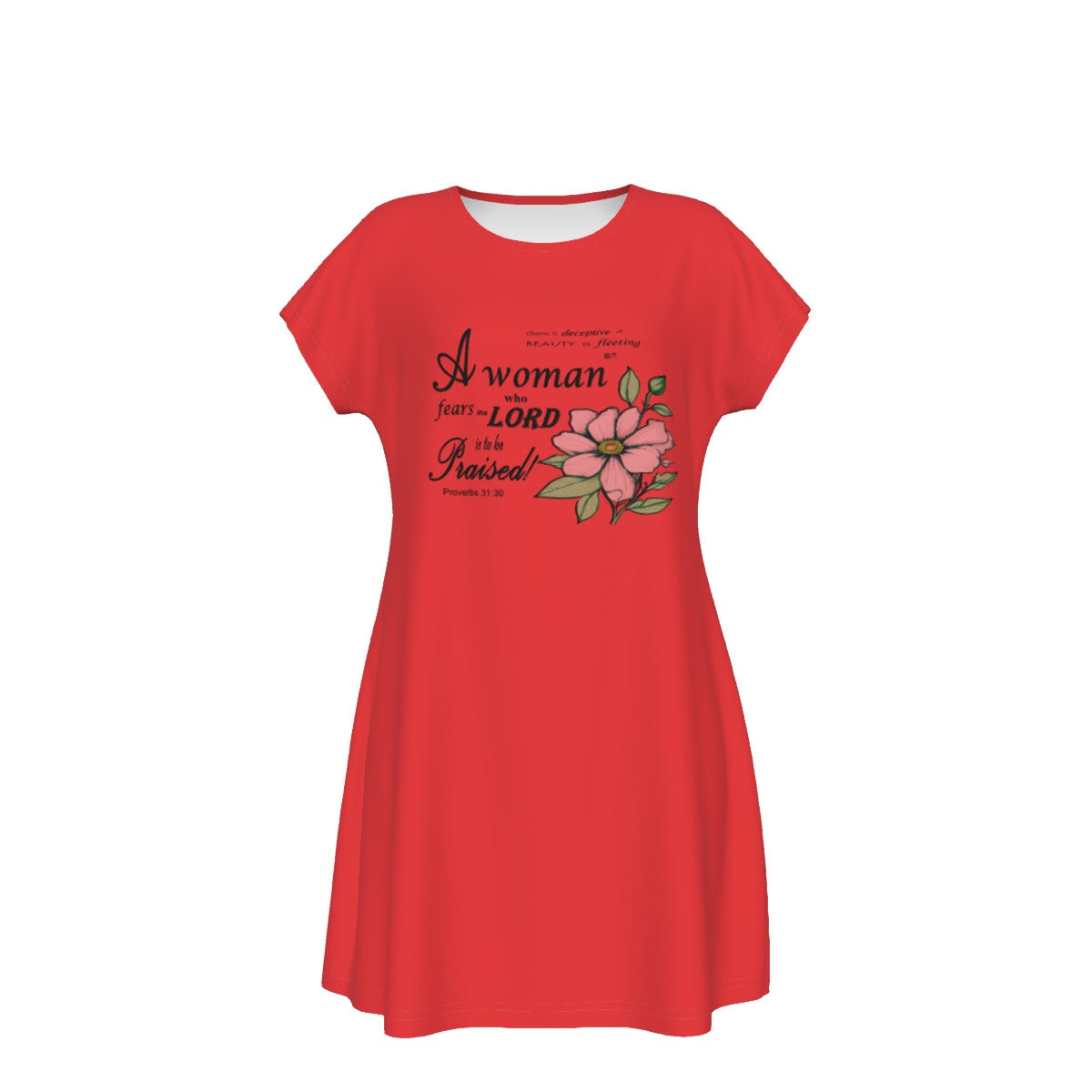 T-Shirt Bible Verse Floral Scripture Proverbs 31:30 Design - Oversized Short Sleeve T-shirt Dress For Women - Red - Printspirationz