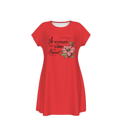T-Shirt Bible Verse Floral Scripture Proverbs 31:30 Design - Oversized Short Sleeve T-shirt Dress For Women - Red - Printspirationz
