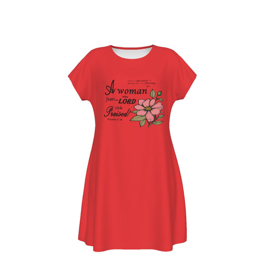 T-Shirt Bible Verse Floral Scripture Proverbs 31:30 Design - Oversized Short Sleeve T-shirt Dress For Women - Red - Printspirationz