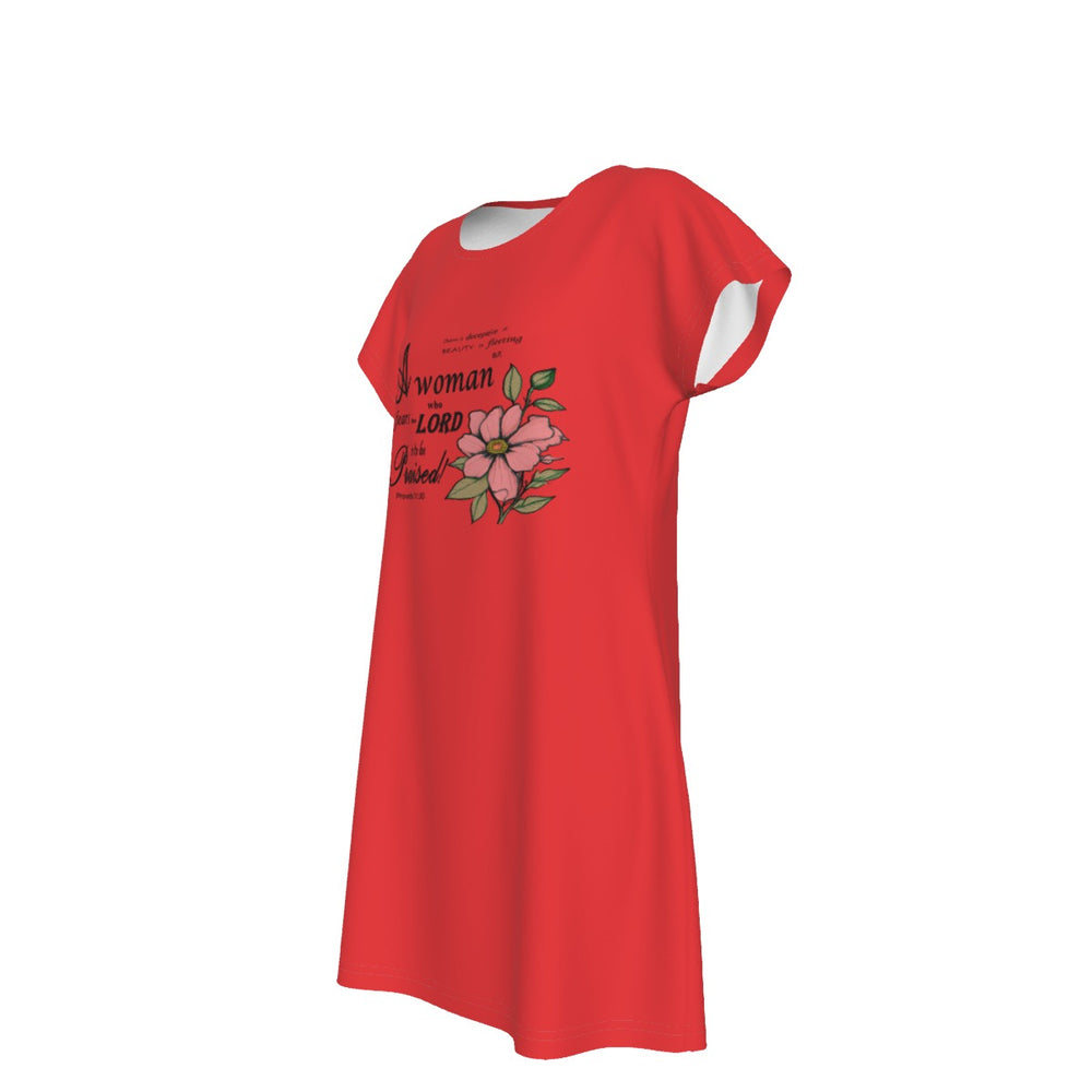 T-Shirt Bible Verse Floral Scripture Proverbs 31:30 Design - Oversized Short Sleeve T-shirt Dress For Women - Red