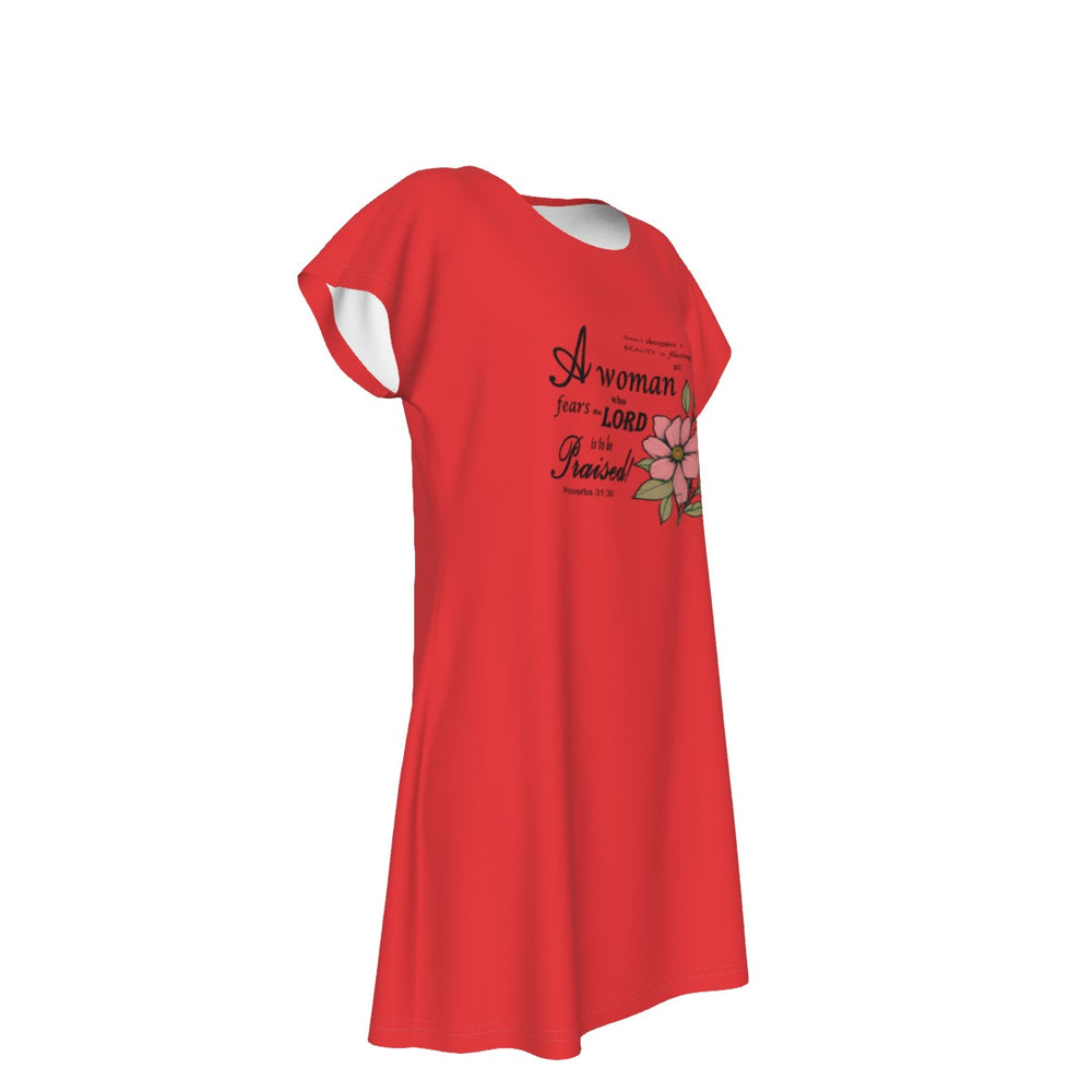 T-Shirt Bible Verse Floral Scripture Proverbs 31:30 Design - Oversized Short Sleeve T-shirt Dress For Women - Red