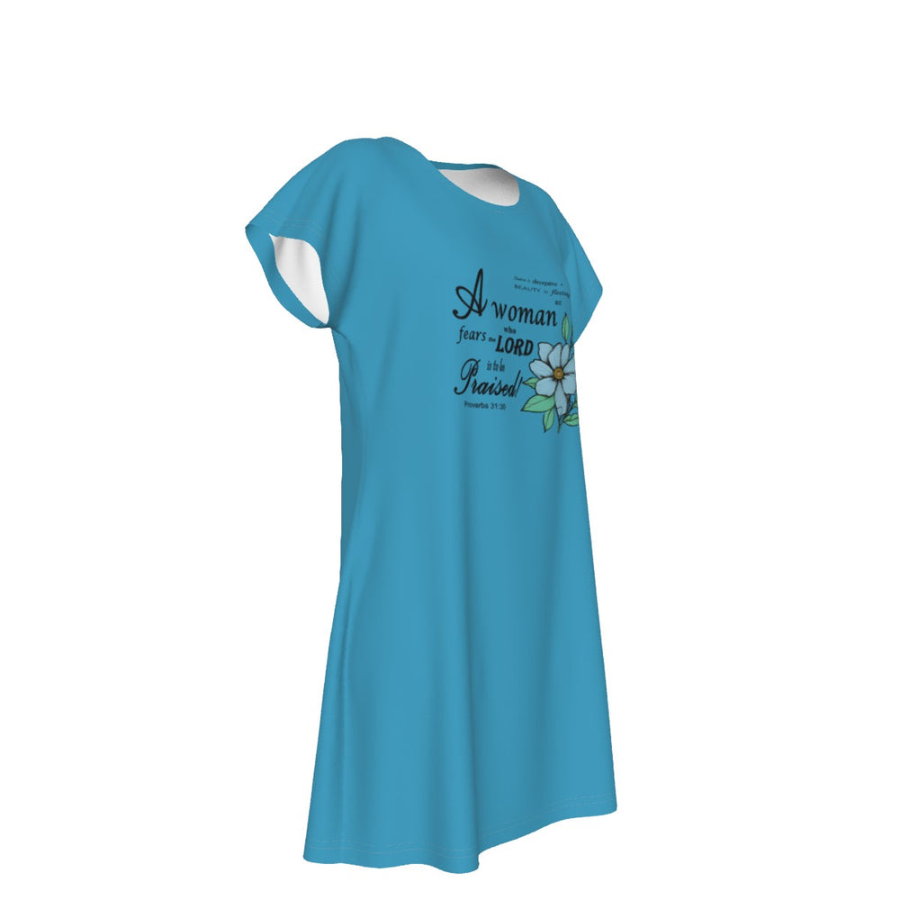 T-Shirt Bible Verse Floral Scripture Proverbs 31:30 Design - Oversized Short Sleeve T-shirt Dress For Women - Teal