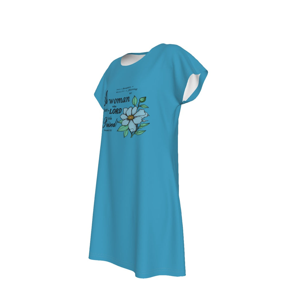 T-Shirt Bible Verse Floral Scripture Proverbs 31:30 Design - Oversized Short Sleeve T-shirt Dress For Women - Teal