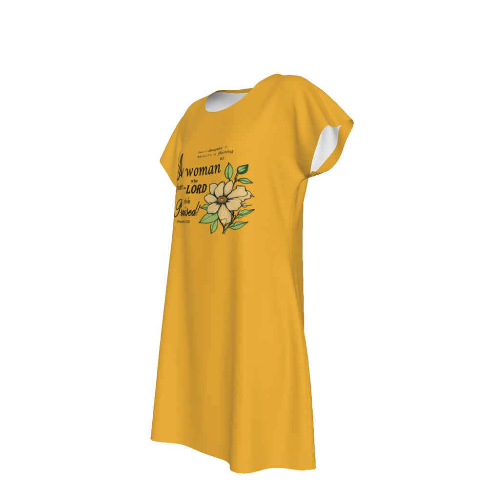 T-Shirt Bible Verse Floral Scripture Proverbs 31:30 Design - Oversized Short Sleeve T-shirt Dress For Women - Yellow