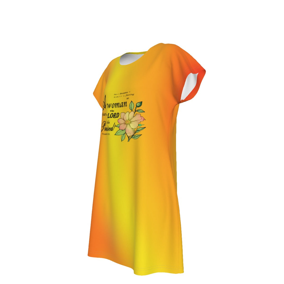 T-Shirt Bible Verse Scripture Print Design - Oversized Short Sleeve T-shirt Dress For Women - Vibrant Warm Colors - Printspirationz
