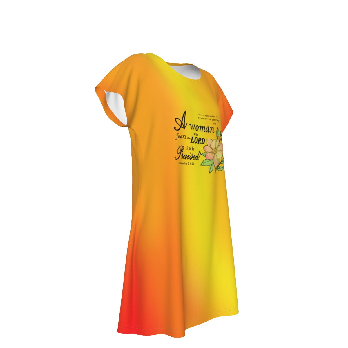 T-Shirt Bible Verse Scripture Print Design - Oversized Short Sleeve T-shirt Dress For Women - Vibrant Warm Colors - Printspirationz