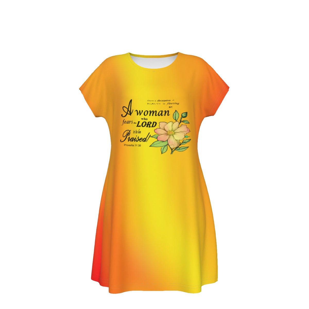 T-Shirt Bible Verse Scripture Print Design - Oversized Short Sleeve T-shirt Dress For Women - Vibrant Warm Colors - Printspirationz