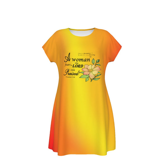 T-Shirt Bible Verse Scripture Print Design - Oversized Short Sleeve T-shirt Dress For Women - Vibrant Warm Colors - Printspirationz