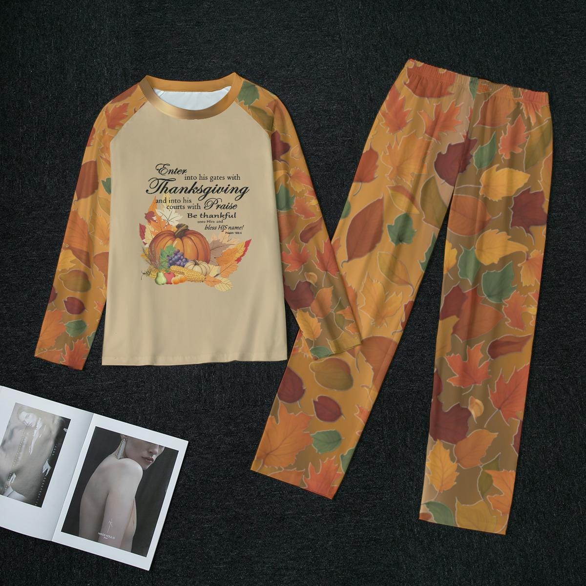 Beige Pajama Set: Autumn Leaves  Christian Thanksgiving Sleepwear - Women's Matching Top and Pants long sleeves loungewear, bible verse - Printspirationz