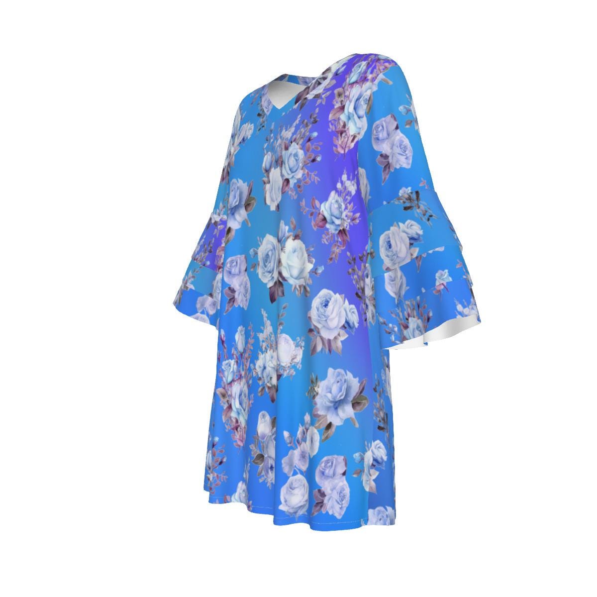 Blue Floral Stacked Ruffle Sleeve Dress - Flowy Summer Fashion for All Occasions  - Perfect for Spring and Summer  - Elegant and Stylish - Printspirationz