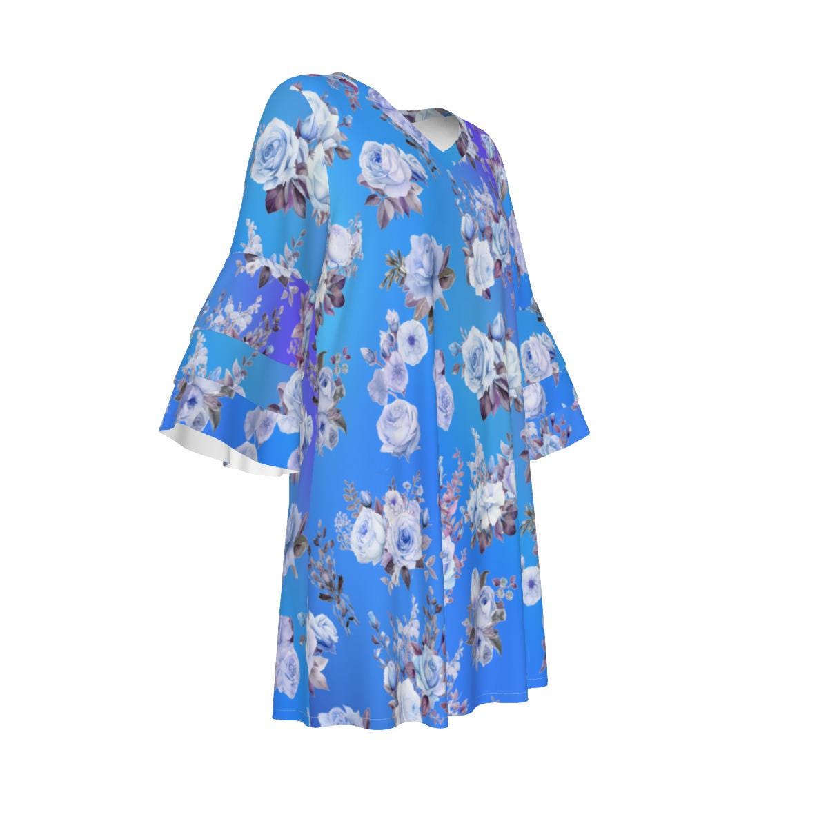 Blue Floral Stacked Ruffle Sleeve Dress - Flowy Summer Fashion for All Occasions  - Perfect for Spring and Summer  - Elegant and Stylish - Printspirationz