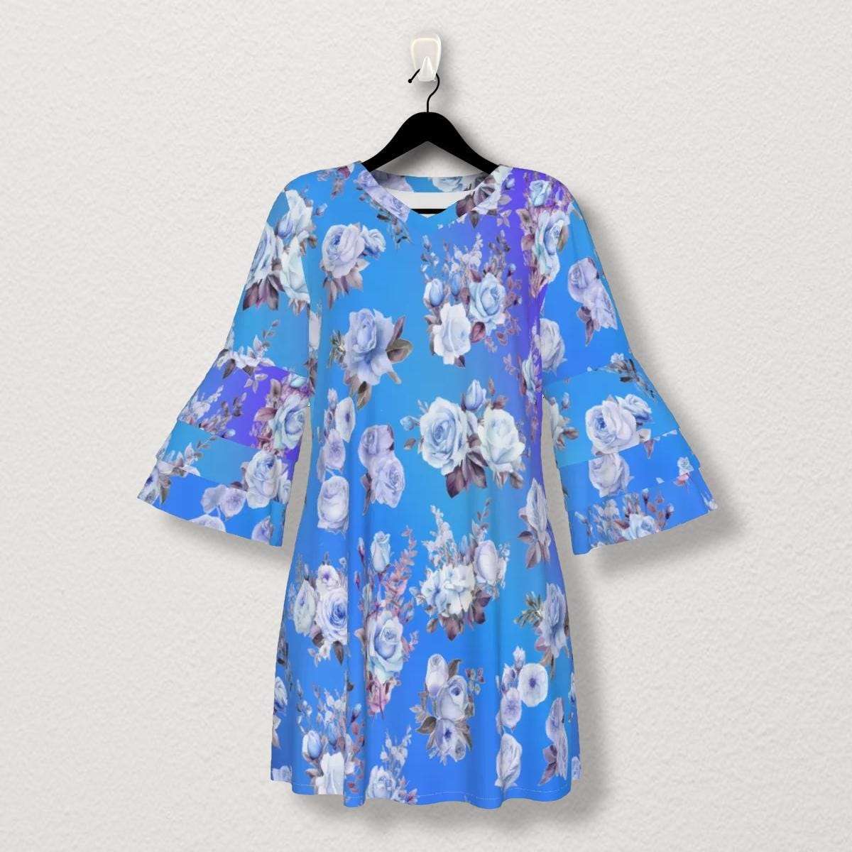 Blue Floral Stacked Ruffle Sleeve Dress - Flowy Summer Fashion for All Occasions  - Perfect for Spring and Summer  - Elegant and Stylish