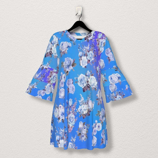 Blue Floral Stacked Ruffle Sleeve Dress - Flowy Summer Fashion for All Occasions  - Perfect for Spring and Summer  - Elegant and Stylish