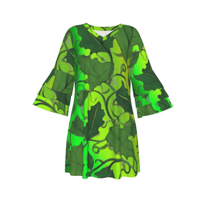 Boho Elegant Stacked Ruffle Sleeve Dress Adorned with Lush Green Vine Leaves on Beautiful Gradient Green Fabric - Printspirationz