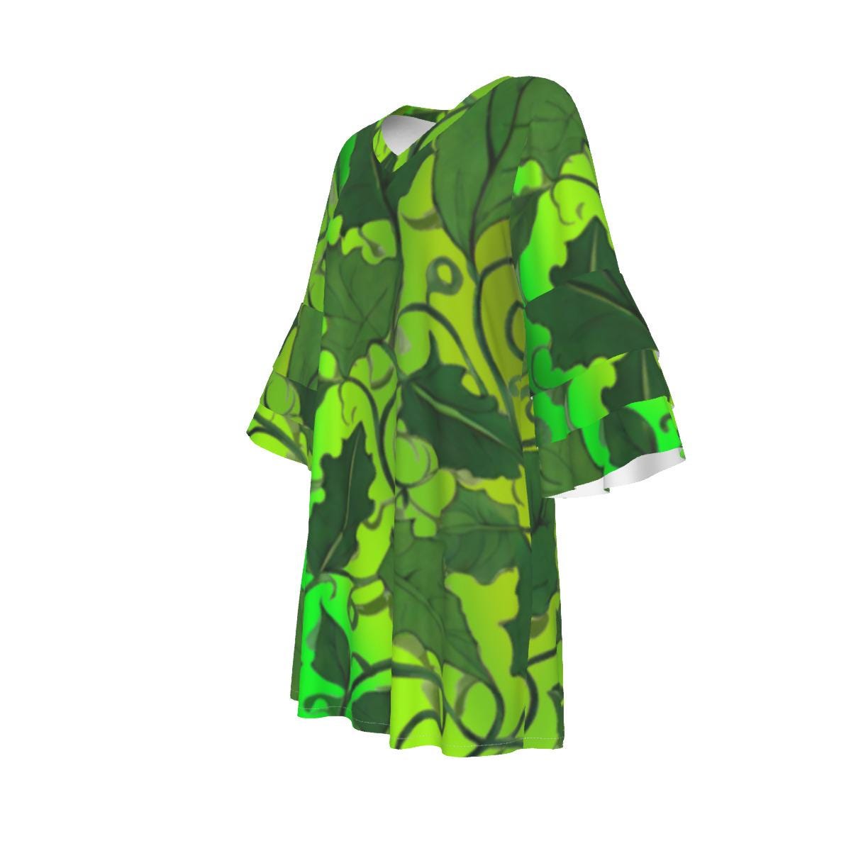 Boho Elegant Stacked Ruffle Sleeve Dress Adorned with Lush Green Vine Leaves on Beautiful Gradient Green Fabric - Printspirationz