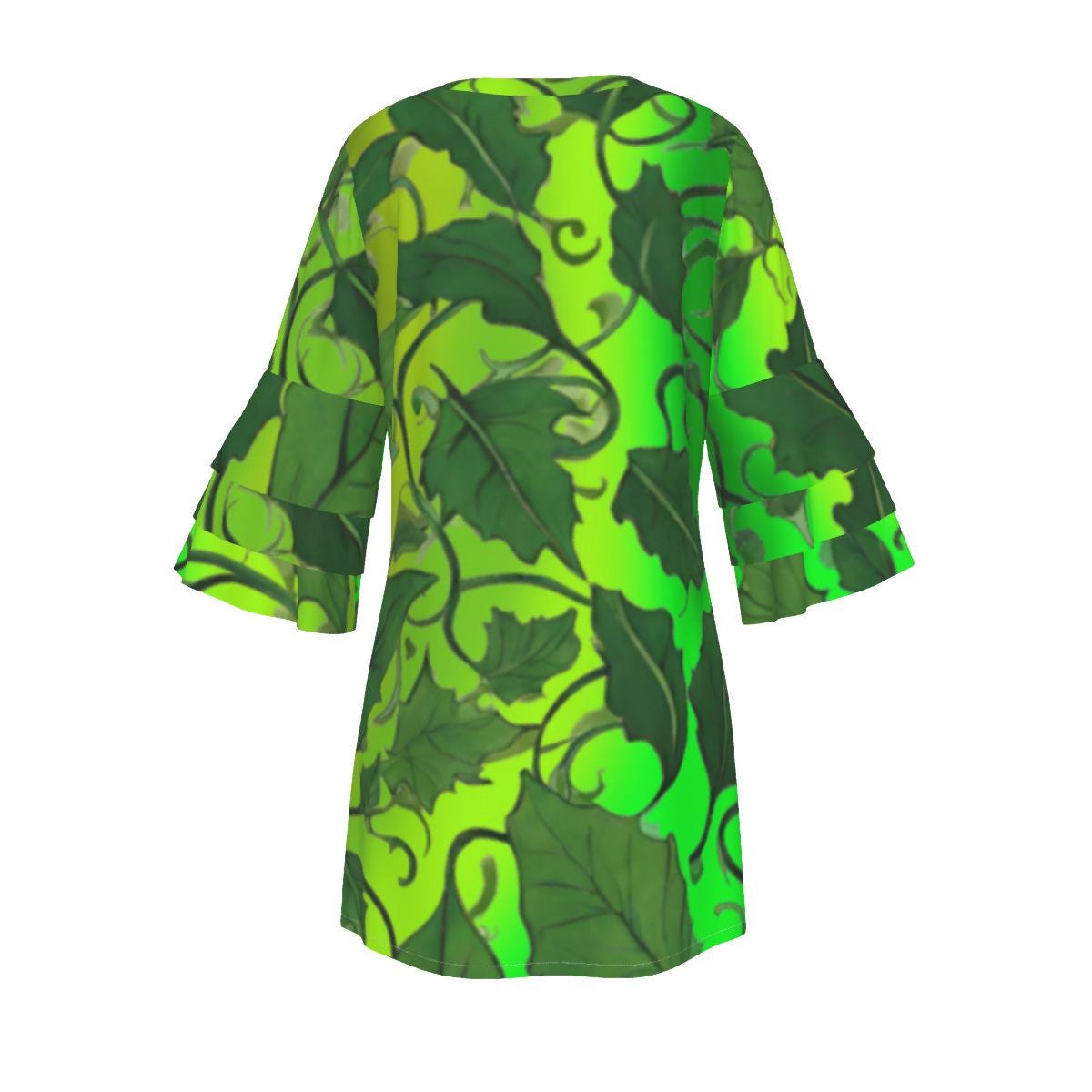 Boho Elegant Stacked Ruffle Sleeve Dress Adorned with Lush Green Vine Leaves on Beautiful Gradient Green Fabric - Printspirationz