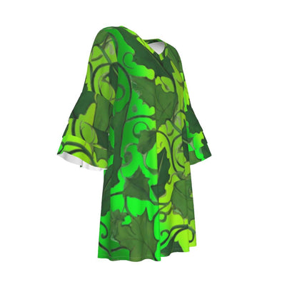 Boho Elegant Stacked Ruffle Sleeve Dress Adorned with Lush Green Vine Leaves on Beautiful Gradient Green Fabric - Printspirationz