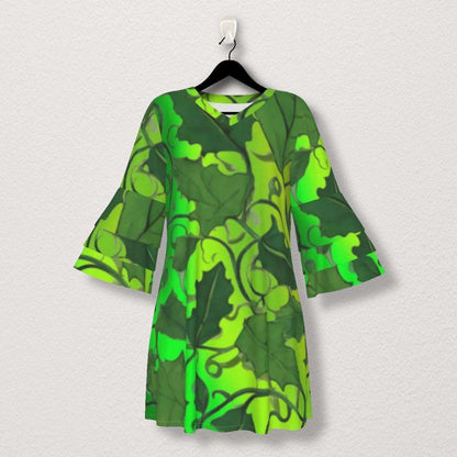 Boho Elegant Stacked Ruffle Sleeve Dress Adorned with Lush Green Vine Leaves on Beautiful Gradient Green Fabric