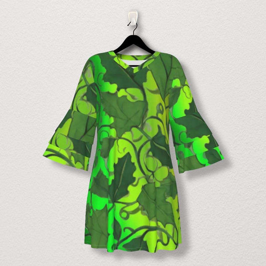 Boho Elegant Stacked Ruffle Sleeve Dress Adorned with Lush Green Vine Leaves on Beautiful Gradient Green Fabric