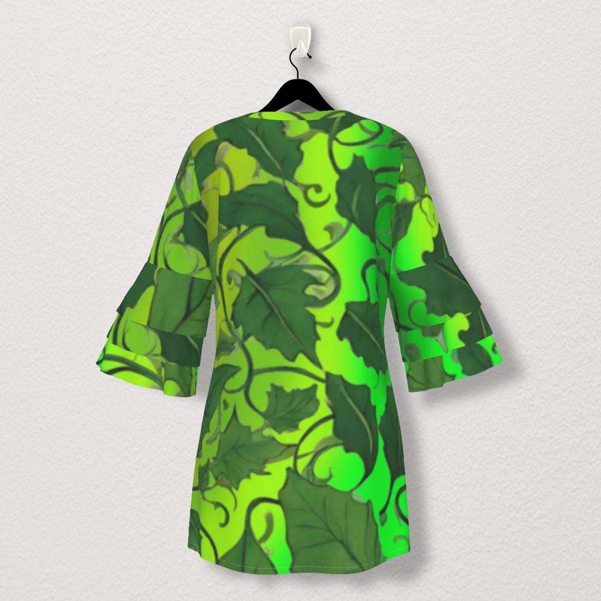 Boho Elegant Stacked Ruffle Sleeve Dress Adorned with Lush Green Vine Leaves on Beautiful Gradient Green Fabric