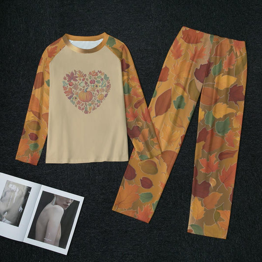 Cozy Pajama Set: Autumn Leaves Print Sleepwear - Women's Matching Top and Pants long sleeves loungewear,  2 pc heart design - Printspirationz