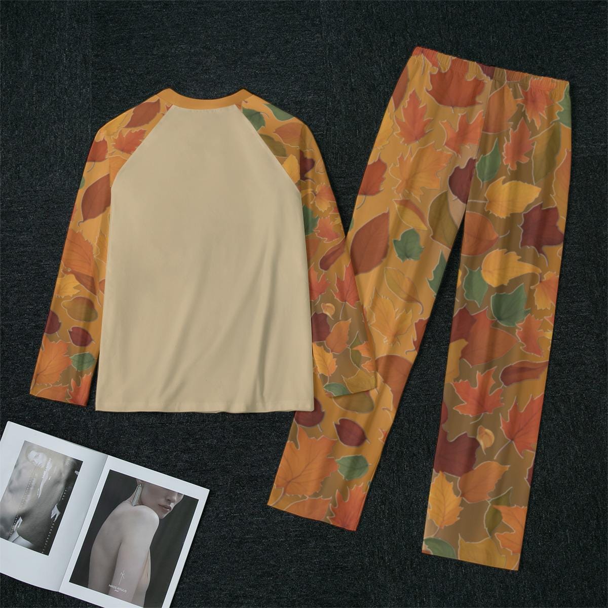 Cozy Pajama Set: Autumn Leaves Print Sleepwear - Women's Matching Top and Pants long sleeves loungewear,  2 pc heart design - Printspirationz