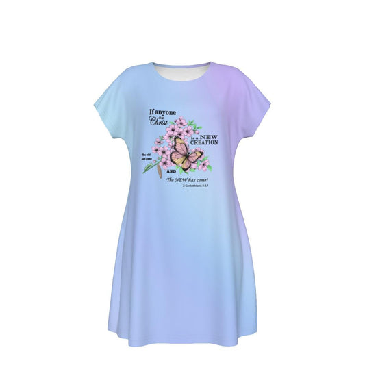 Cute Oversized T-shirt, 2 Corinthians 5:17, New Creation Bible Verse Graphic, Women's Short Sleeve Nightshirt, Sleep Dress, Blue Gradient - Printspirationz