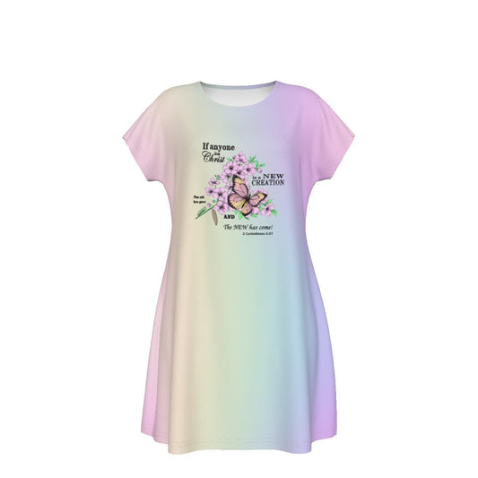 Cute Oversized T-shirt, 2 Corinthians 5:17, New Creation Bible Verse Graphic, Women's Short Sleeve Nightshirt, Sleep Dress, Pastel Rainbow - Printspirationz