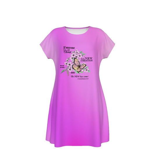 Cute Oversized T-shirt, 2 Corinthians 5:17, New Creation Bible Verse Graphic, Women's Short Sleeve Nightshirt, Sleep Dress, Pink Gradient - Printspirationz