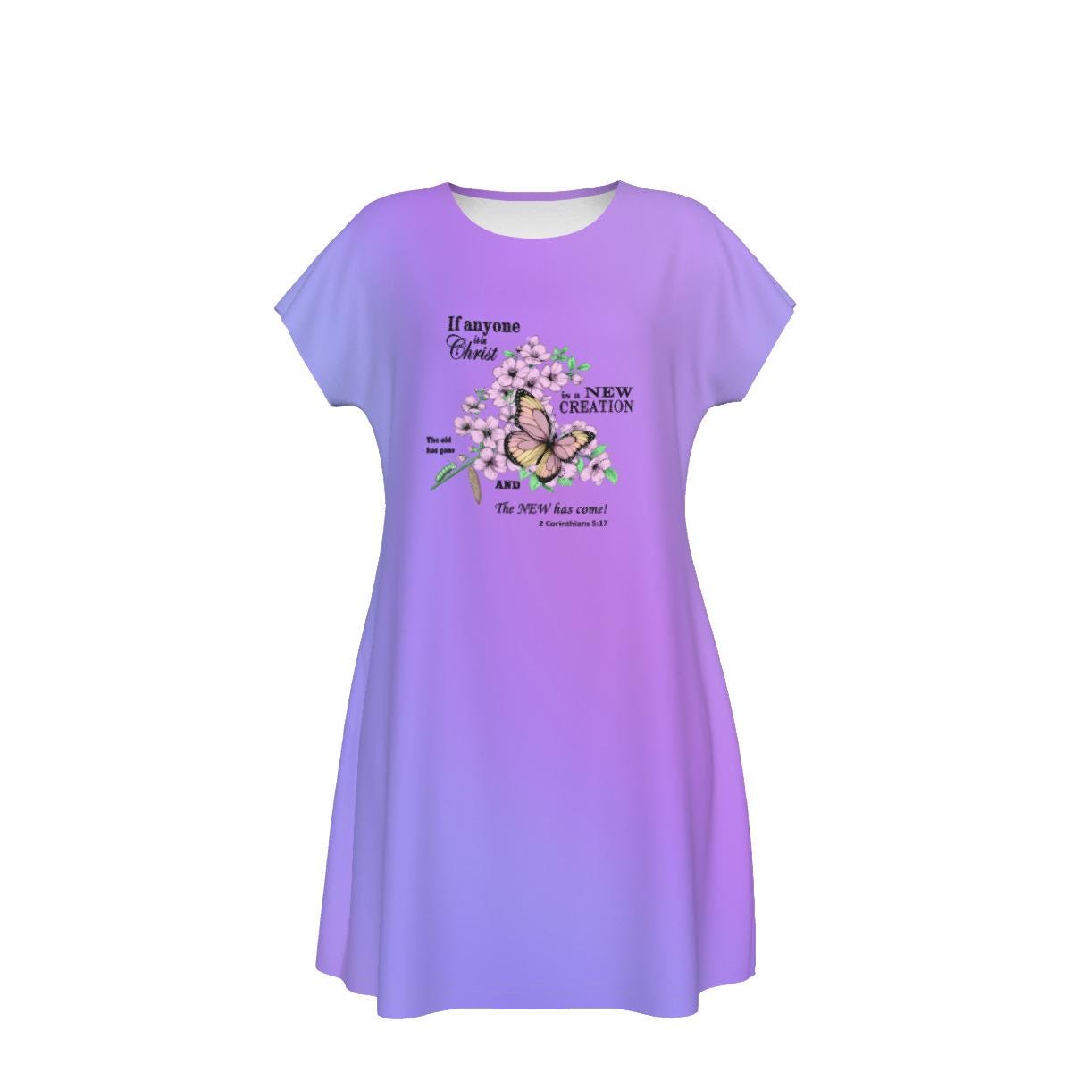 Cute Oversized T-shirt, 2 Corinthians 5:17, New Creation Bible Verse Graphic, Women's Short Sleeve Nightshirt, Sleep Dress, Purple Gradient - Printspirationz
