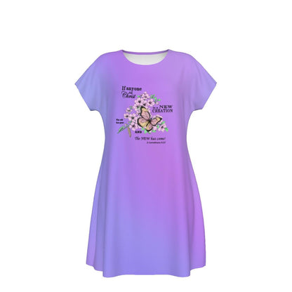 Cute Oversized T-shirt, 2 Corinthians 5:17, New Creation Bible Verse Graphic, Women's Short Sleeve Nightshirt, Sleep Dress, Purple Gradient - Printspirationz