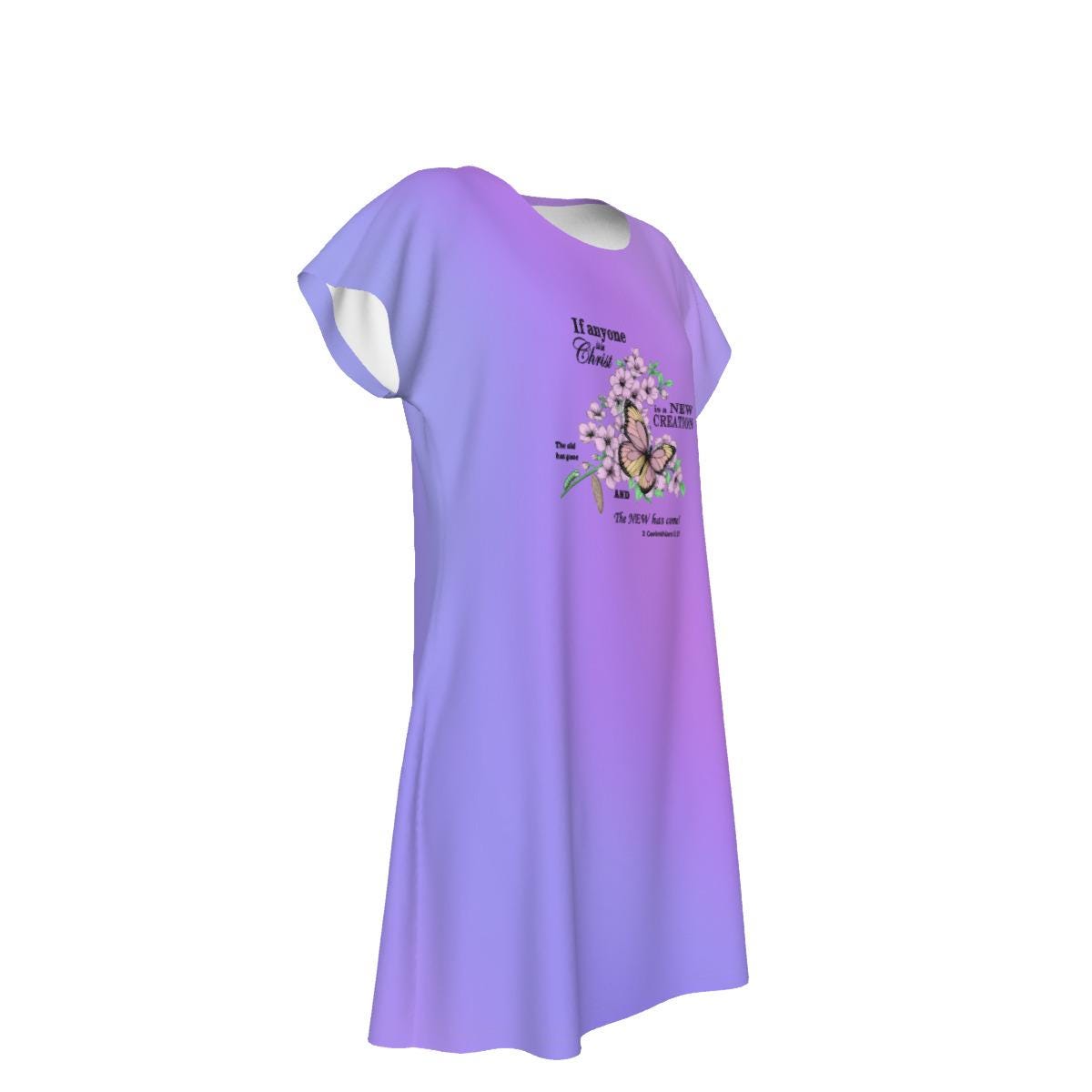 Cute Oversized T-shirt, 2 Corinthians 5:17, New Creation Bible Verse Graphic, Women's Short Sleeve Nightshirt, Sleep Dress, Purple Gradient - Printspirationz