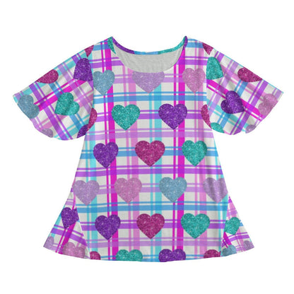 Cute Round Neck T-Shirt Mini Dress with Butterfly Sleeves & Heart Design on Pink Blue Purple Plaid Background - Printspirationz