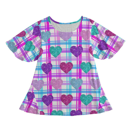 Cute Round Neck T-Shirt Mini Dress with Butterfly Sleeves & Heart Design on Pink Blue Purple Plaid Background - Printspirationz