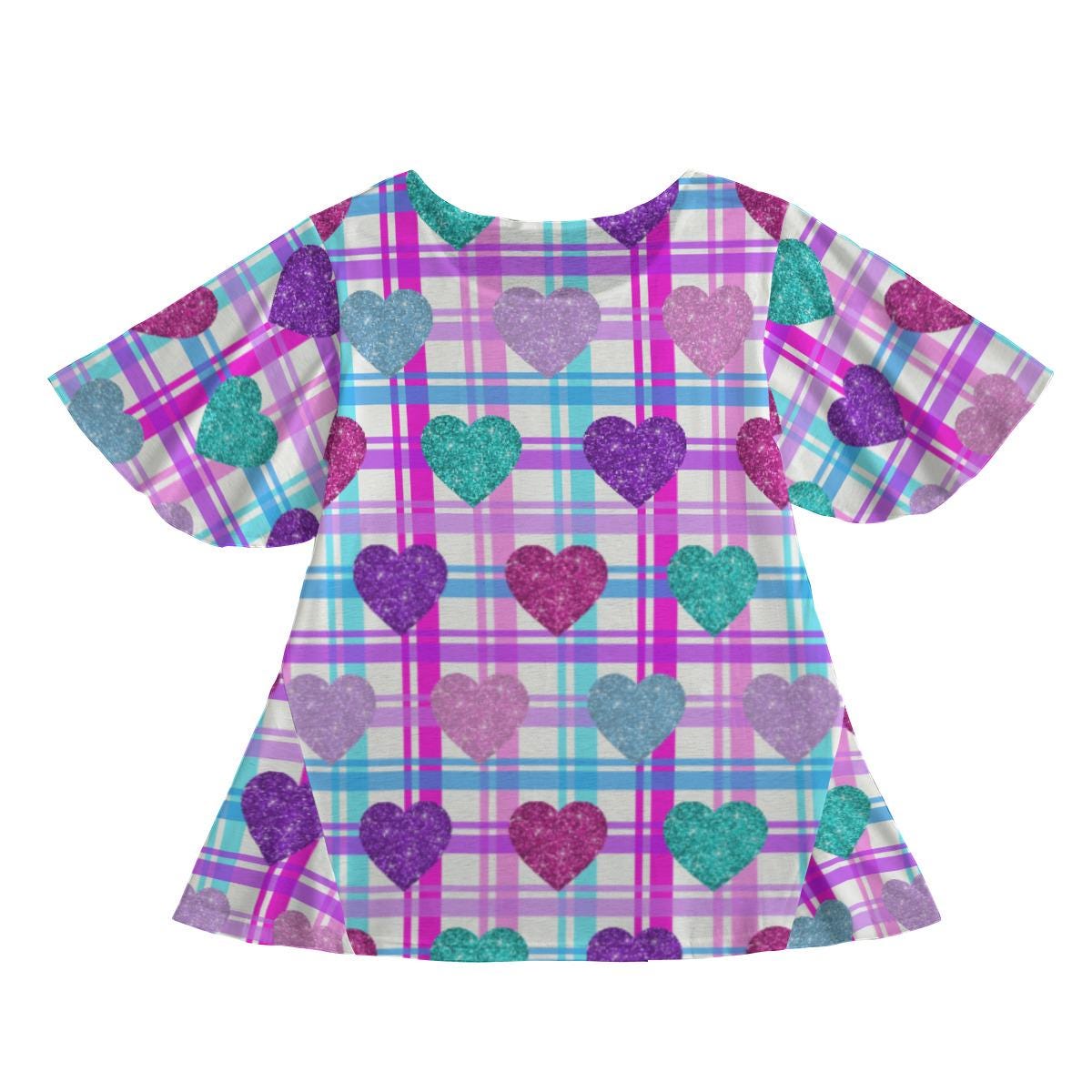 Cute Round Neck T-Shirt Mini Dress with Butterfly Sleeves & Heart Design on Pink Blue Purple Plaid Background - Printspirationz