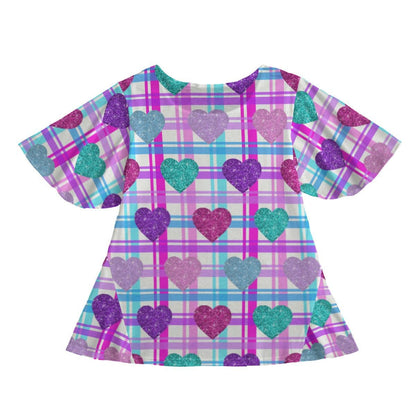 Cute Round Neck T-Shirt Mini Dress with Butterfly Sleeves & Heart Design on Pink Blue Purple Plaid Background - Printspirationz