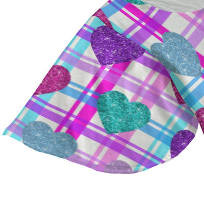 Cute Round Neck T-Shirt Mini Dress with Butterfly Sleeves & Heart Design on Pink Blue Purple Plaid Background - Printspirationz