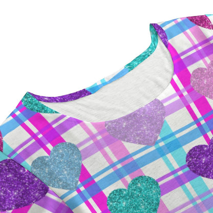 Cute Round Neck T-Shirt Mini Dress with Butterfly Sleeves & Heart Design on Pink Blue Purple Plaid Background - Printspirationz
