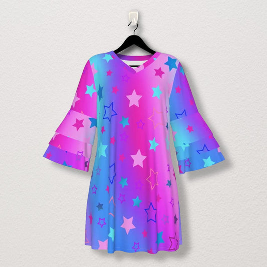 Dreamy Stacked Ruffle Sleeve Dress - Pink, Purple & Blue Stars on Gradient Background - Printspirationz