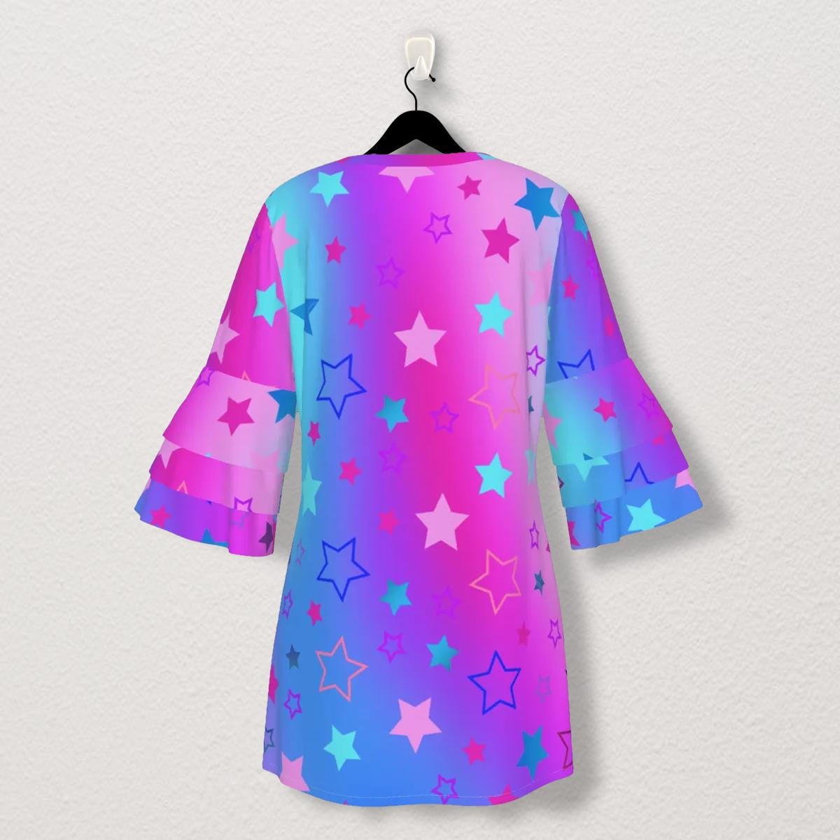 Dreamy Stacked Ruffle Sleeve Dress - Pink, Purple & Blue Stars on Gradient Background - Printspirationz